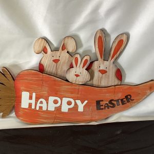 Wood happy Easter carrot with bunnies wall hanging