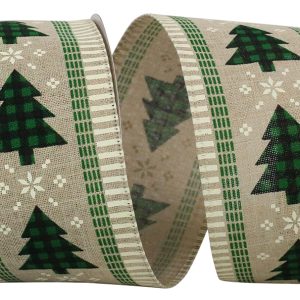 Buffalo Check Trees Ticking Linen Wired Edge Ribbon