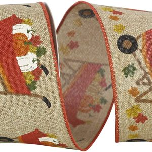 Wheelbarrow Pumpkins and Leaves Ribbon