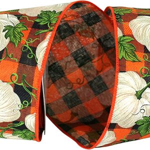 Pumpkin Gingham Vines Wired Edge Ribbon