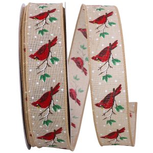 Cardinal Perched Natural Wired Edge Ribbon