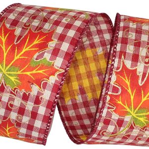 Burgandy Leaf Gingham Ribbon