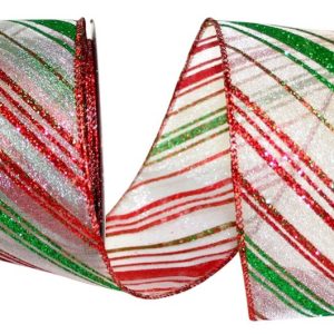 Glitter Diagonal Stripe Sheer Wired Edge Ribbon