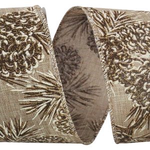 Pinecone Glitter Outlines Linen Wired Edge Ribbon