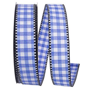 Gingham check ticking woven ribbon wired edge blue