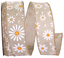 Daisy petals linen wired edge ribbon natural