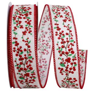 Holly Berry Branches Linen Wired Edge Ribbon