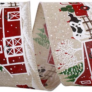 Snowy Farmhouse Scene Wired Edge Ribbon