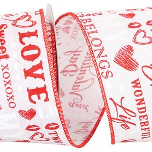 Words of love linen wired edge ribbon white/red 10