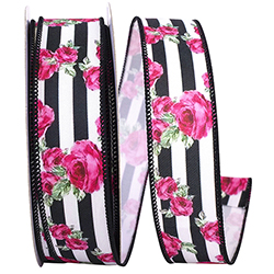 Cabbage roses and stripes wired edge ribbon